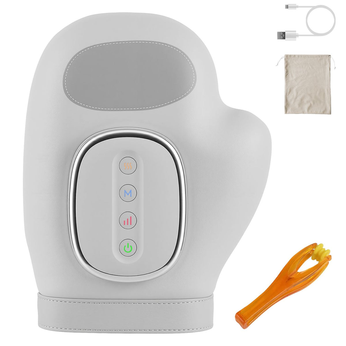 Hand massager from the front, with its carry bag, cable and finger massager