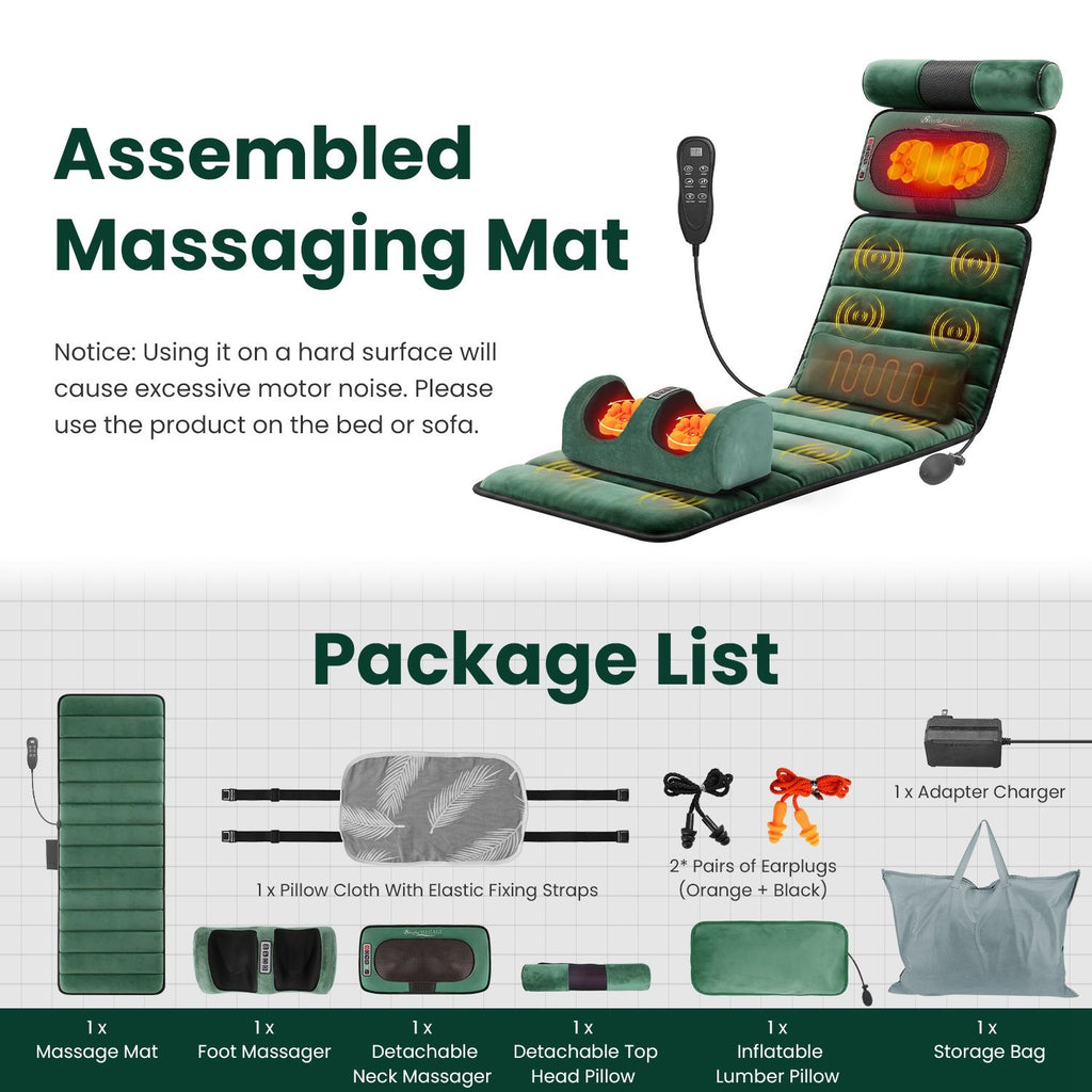 Assembled green massage mat with the package contents laid out below