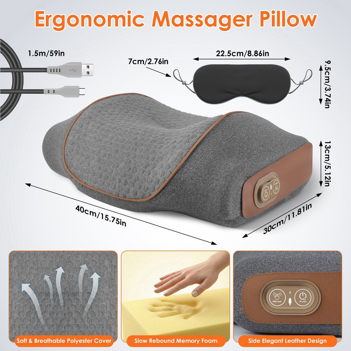 Size diagram of the pillow and eye mask, with close-ups of the memory foam and fabric