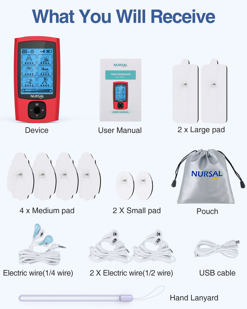 Everything in the box: TENS unit, manual, large, medium and small pads, pouch, lead wires, USB cable and lanyard