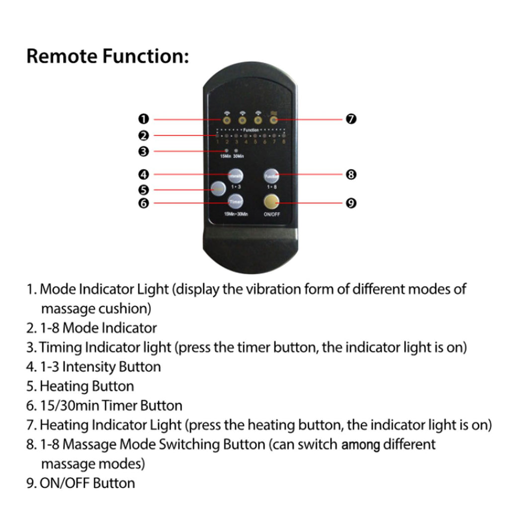 Diagram of the controller buttons for modes, timer, intensity and heat