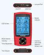 Diagram of the TENS unit's buttons, screen, battery indicator, power switch, USB port and two outputs