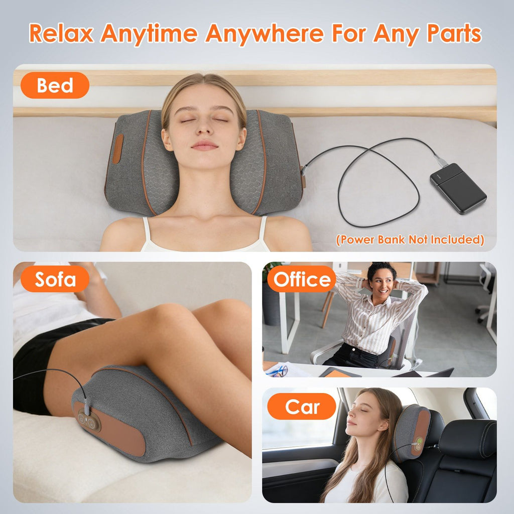 Photos of the pillow used in bed, on a sofa, in an office chair and in a car