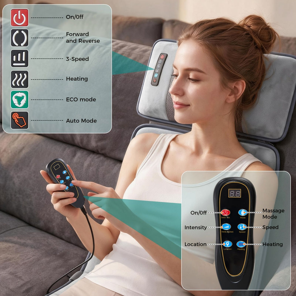 Woman relaxing on the mat, with close-ups of the neck pillow controls and the mat's handheld remote