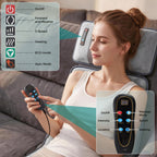 Woman relaxing on the mat, with close-ups of the neck pillow controls and the mat's handheld remote