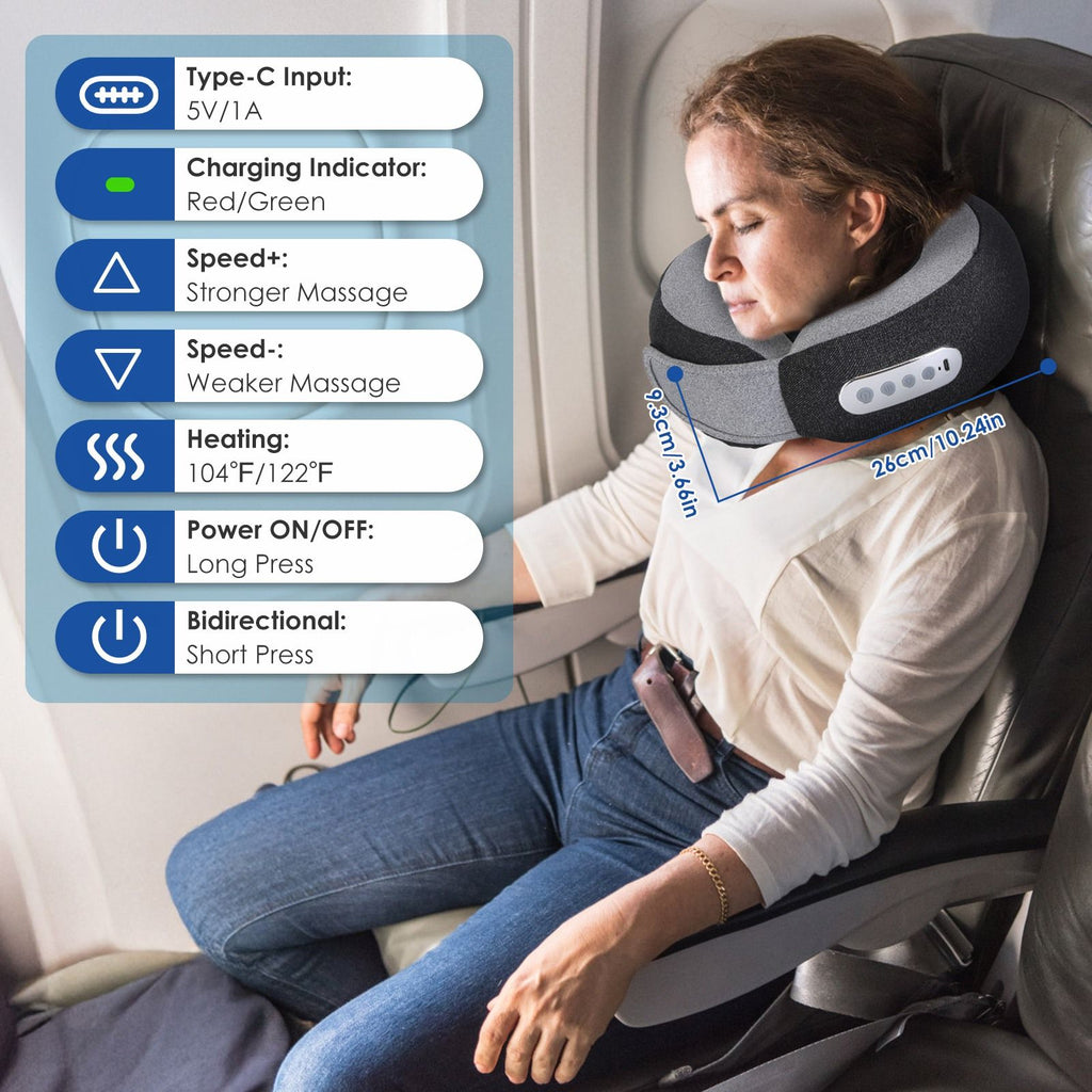 Woman wearing the neck pillow in an office chair, with a guide to its buttons