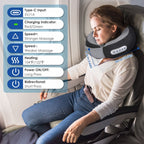 Woman wearing the neck pillow in an office chair, with a guide to its buttons