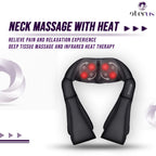 Black neck and shoulder massager with glowing nodes, titled neck massage with heat