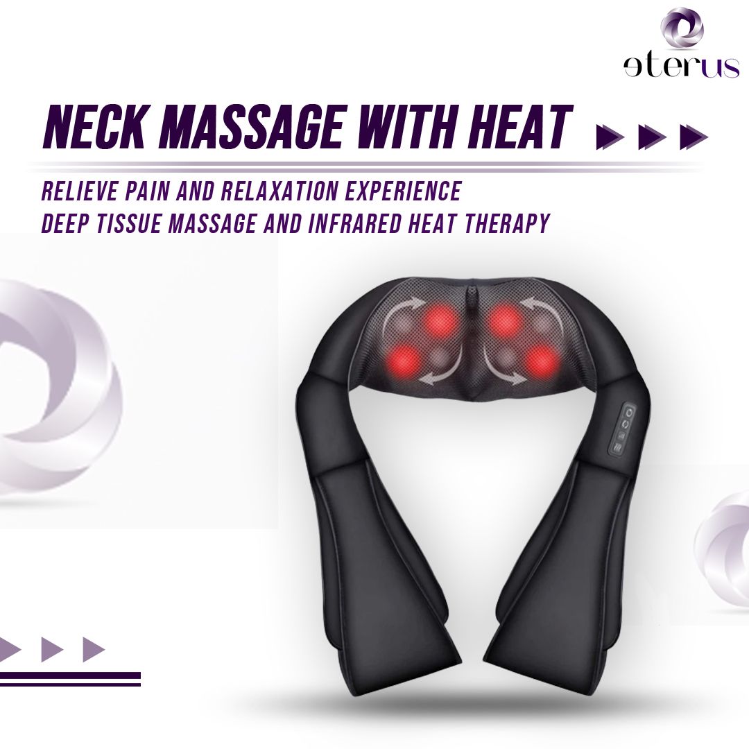Black neck and shoulder massager with glowing nodes, titled neck massage with heat