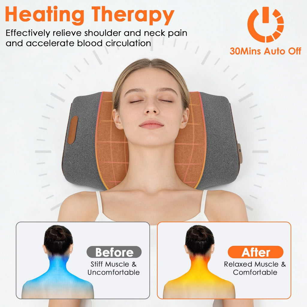 Woman relaxing on the pillow with its heat glowing, with before and after drawings of the neck and a 30 minute auto off icon
