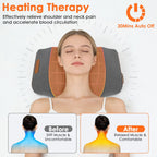 Woman relaxing on the pillow with its heat glowing, with before and after drawings of the neck and a 30 minute auto off icon