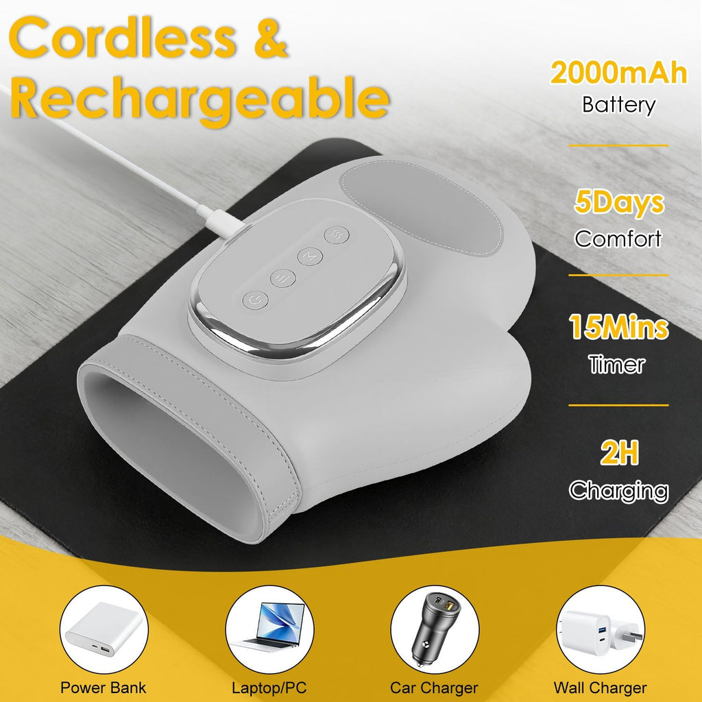 Hand massager with a 2000 mAh battery, 15 minute timer and ways to charge it