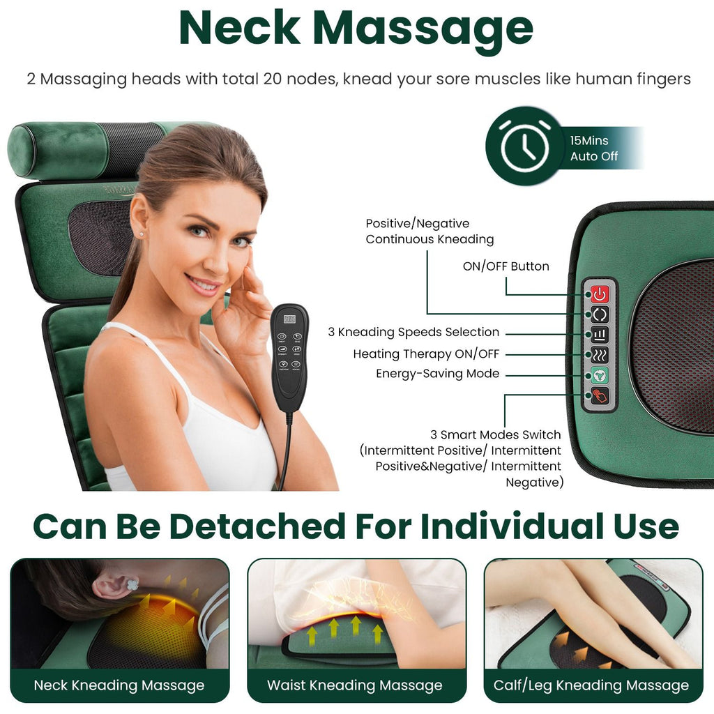 Woman using the detachable neck massager, with photos of it used on the neck, waist and calves