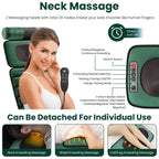 Woman using the detachable neck massager, with photos of it used on the neck, waist and calves
