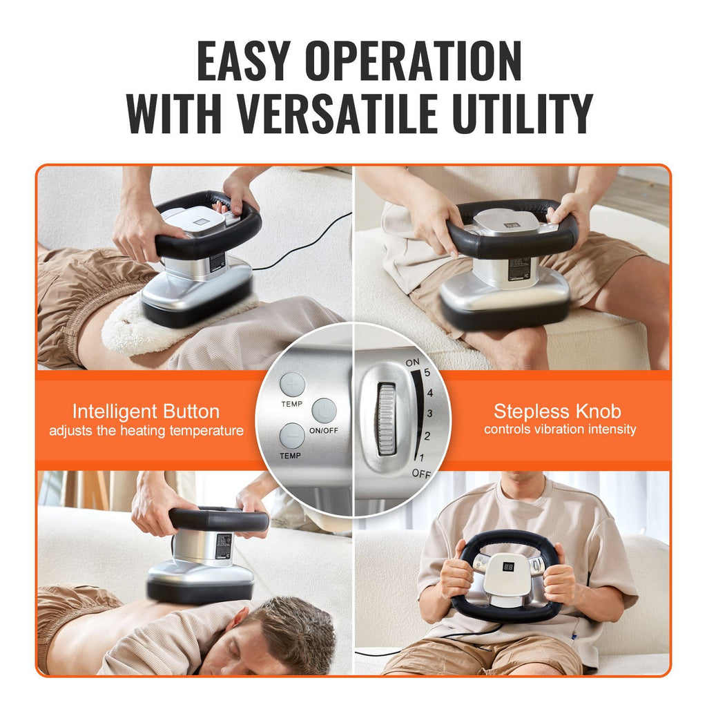 Close-ups of the massager's control buttons and speed dial, and the massager being used on a person's back