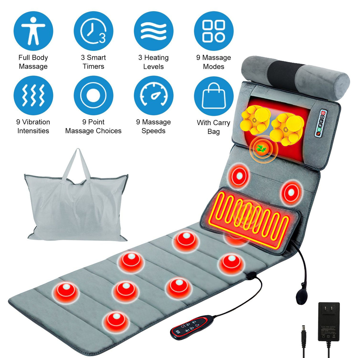 Massage mat in a chair shape showing the glowing neck kneading heads and lumbar heat area, with its carry bag and feature icons
