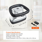 Size diagram of the massager and its adapter, with product specifications