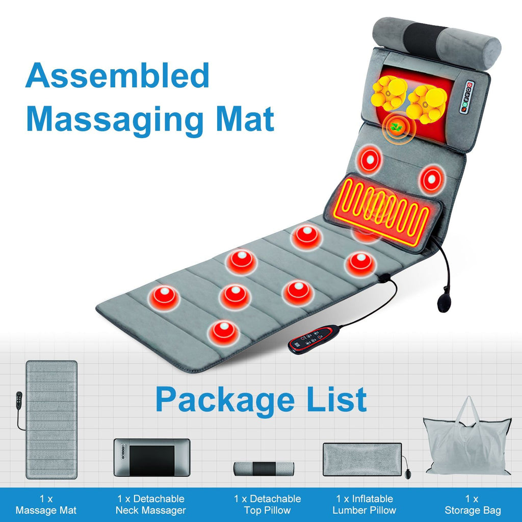Assembled massage mat with the package contents: mat, neck massager, head pillow, inflatable lumbar pillow and storage bag