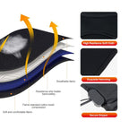 Diagram of the cushion's layers of breathable fabric and foam, with close-ups of the stitching and edges