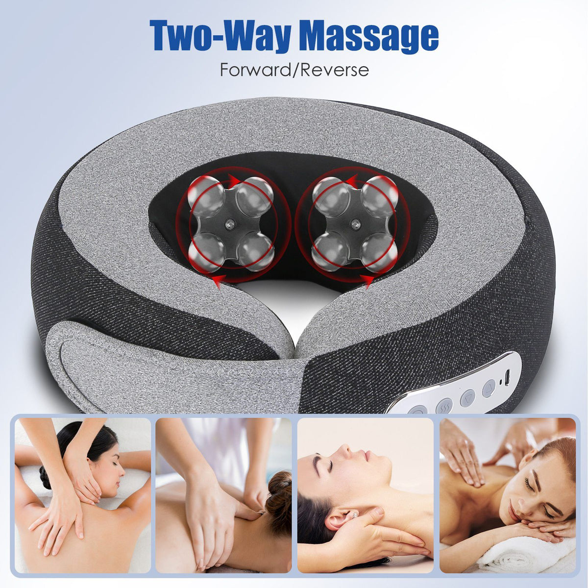 Top view of the pillow's 12 kneading heads, with photos of forward and reverse massage
