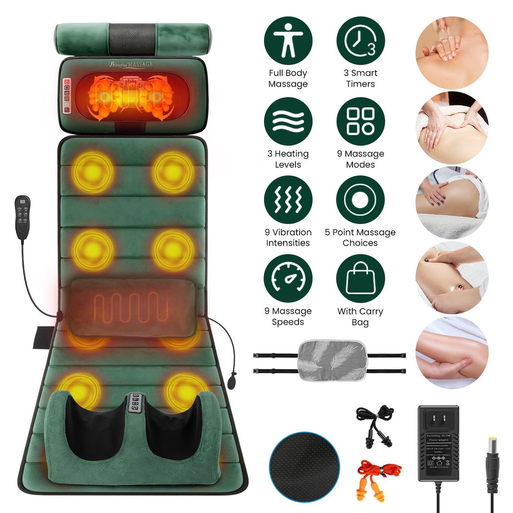 Green mat laid flat with glowing massage zones, foot massager and accessories, beside massage photos