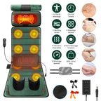 Green mat laid flat with glowing massage zones, foot massager and accessories, beside massage photos