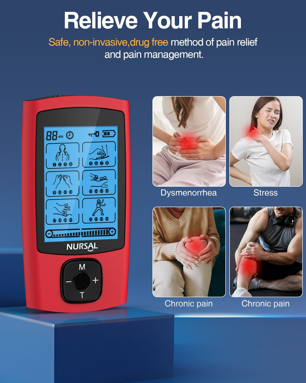 Red NURSAL TENS unit beside photos of people with period cramps, stress and joint aches, titled relieve your pain