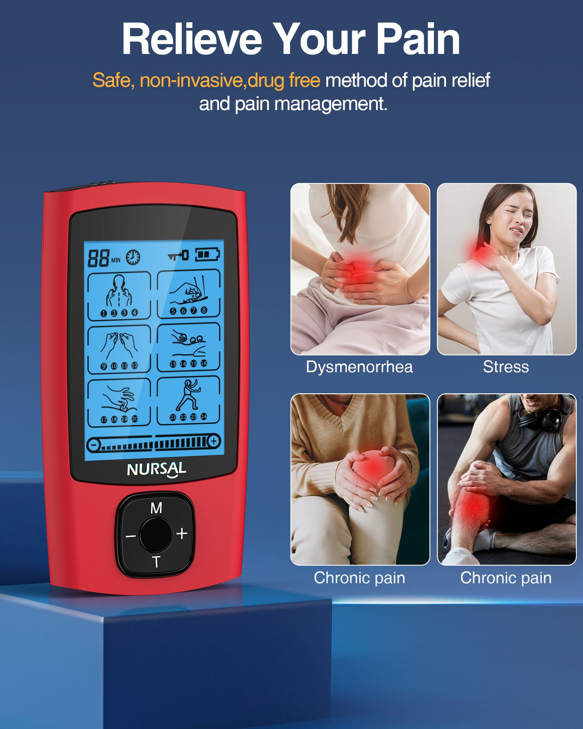 Red NURSAL TENS unit beside photos of people with period cramps, stress and joint aches, titled relieve your pain