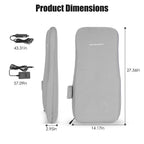 Size diagram of the back cushion, about 27.6 by 14.2 inches, with its adapter and car cable