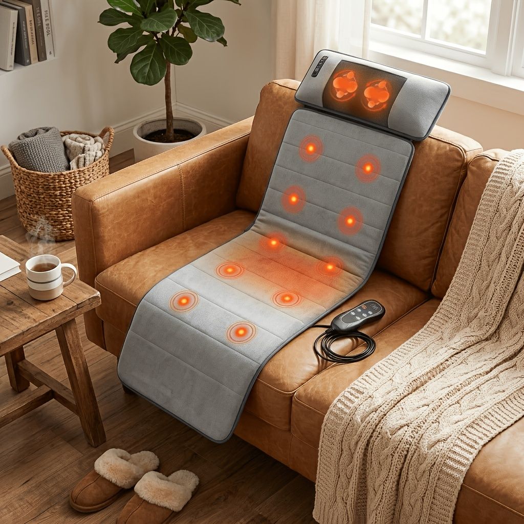 Gray massage mat draped over a leather armchair, its massage zones glowing, with the controller on the seat