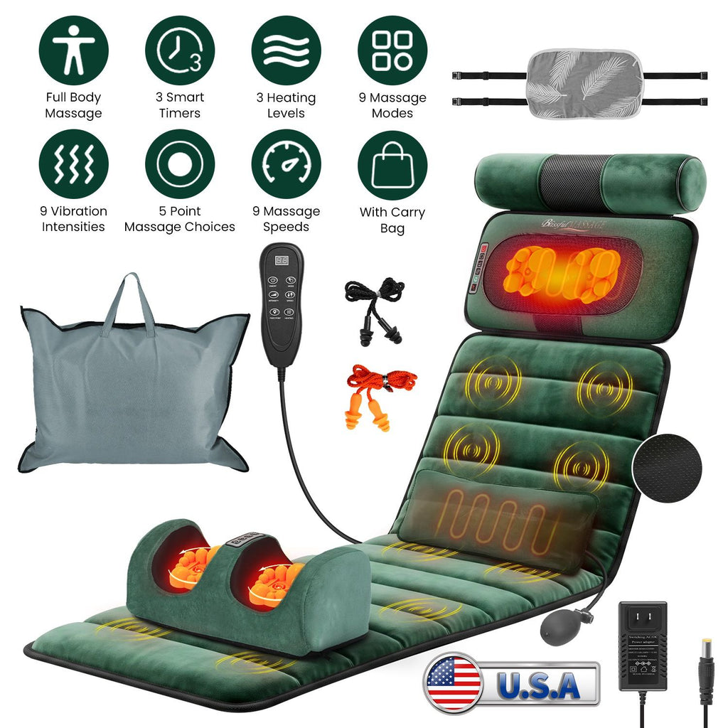 Green massage mat with neck and foot massagers, carry bag, earplugs and controller, with feature icons