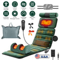 Green massage mat with neck and foot massagers, carry bag, earplugs and controller, with feature icons