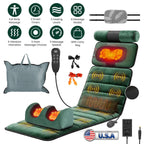 Green massage mat with neck and foot massagers, carry bag, earplugs and controller, with feature icons