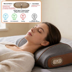 Woman lying in bed with her neck on the massage pillow, with a guide to its control buttons