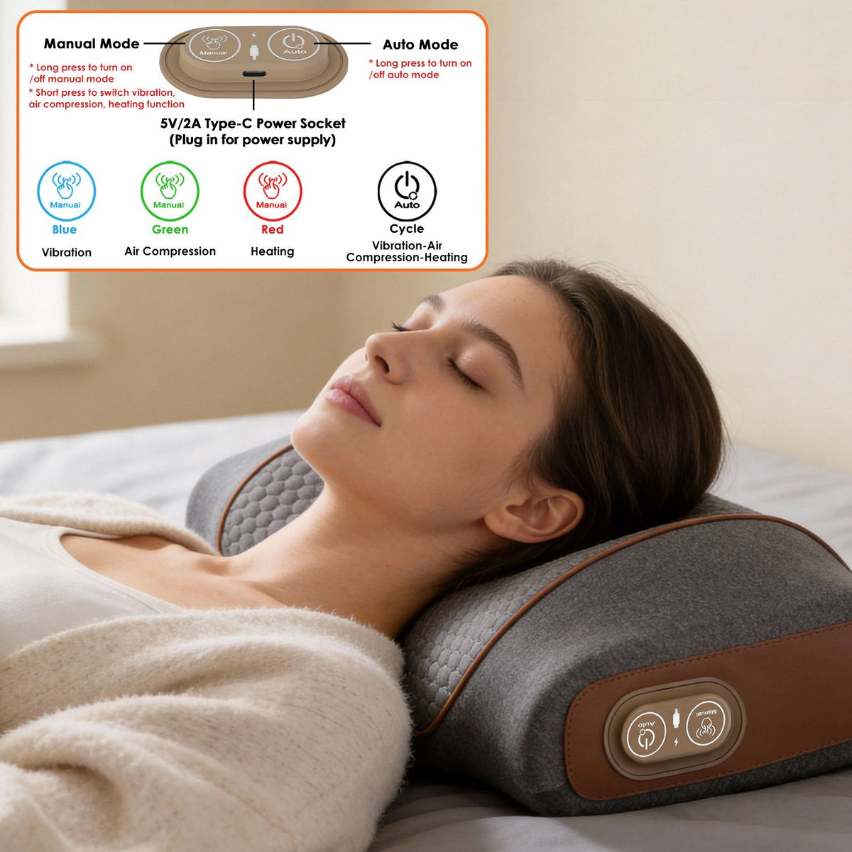 Woman lying in bed with her neck on the massage pillow, with a guide to its control buttons