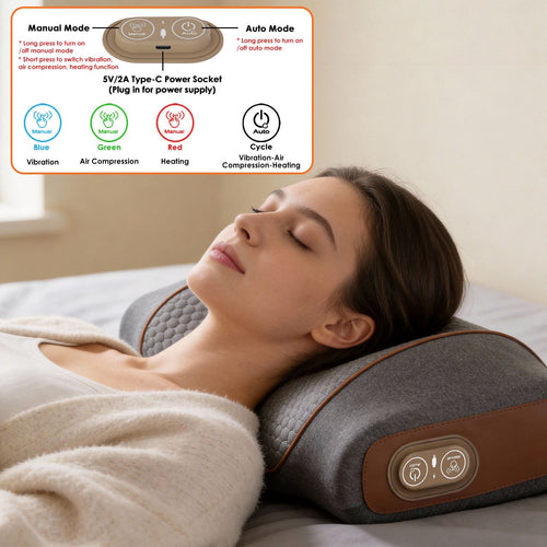 Woman lying in bed with her neck on the massage pillow, with a guide to its control buttons