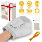 Light gray hand massager with a hand inside, gift box, carry bag and finger massager, with feature icons