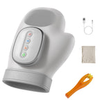 Hand massager from the side, with its carry bag, cable and finger massager