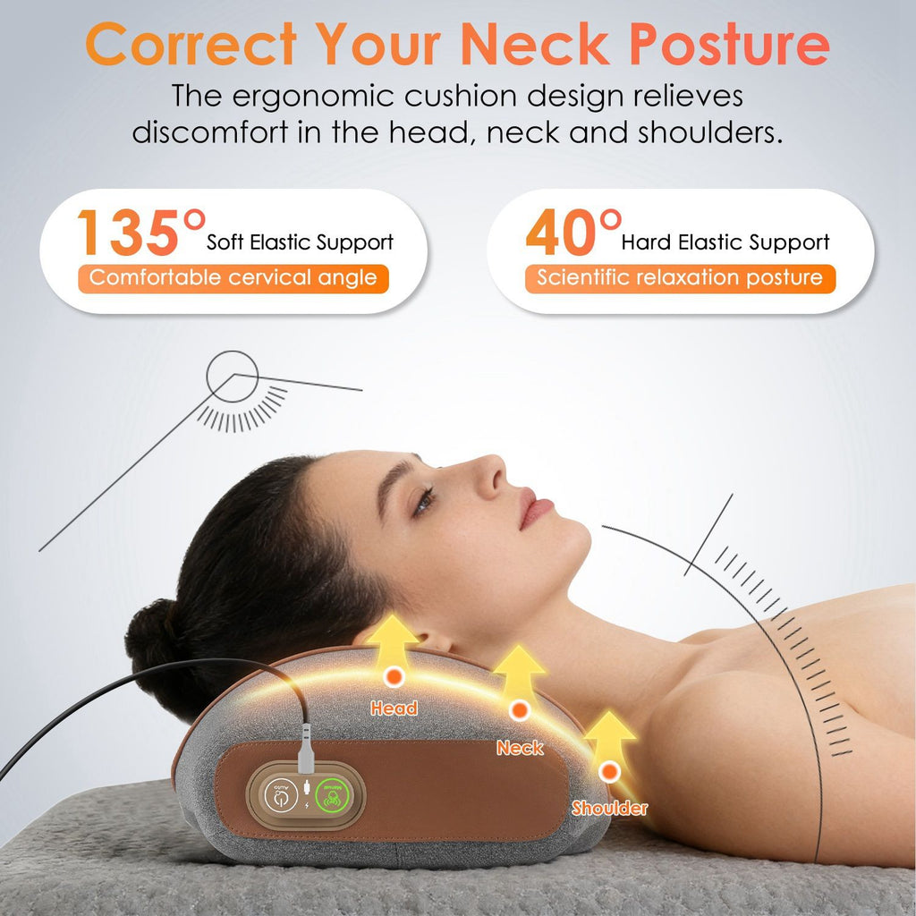 Woman lying on the pillow with arrows showing how it supports the neck, labeled soft support and hard support