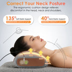 Woman lying on the pillow with arrows showing how it supports the neck, labeled soft support and hard support