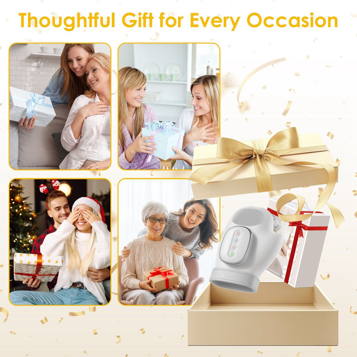 Collage of people giving and enjoying the hand massager as a gift