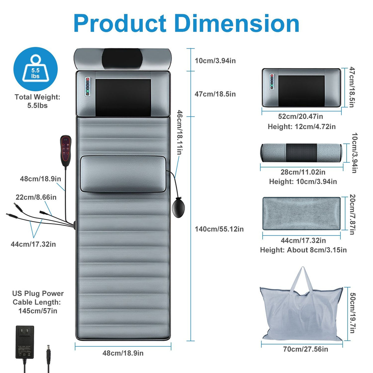 Size diagram of the mat, neck massager, pillows and storage bag