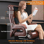 Woman reading in a leather office chair with the black massage cushion, labeled with shoulder, back, lumbar and thigh massage areas