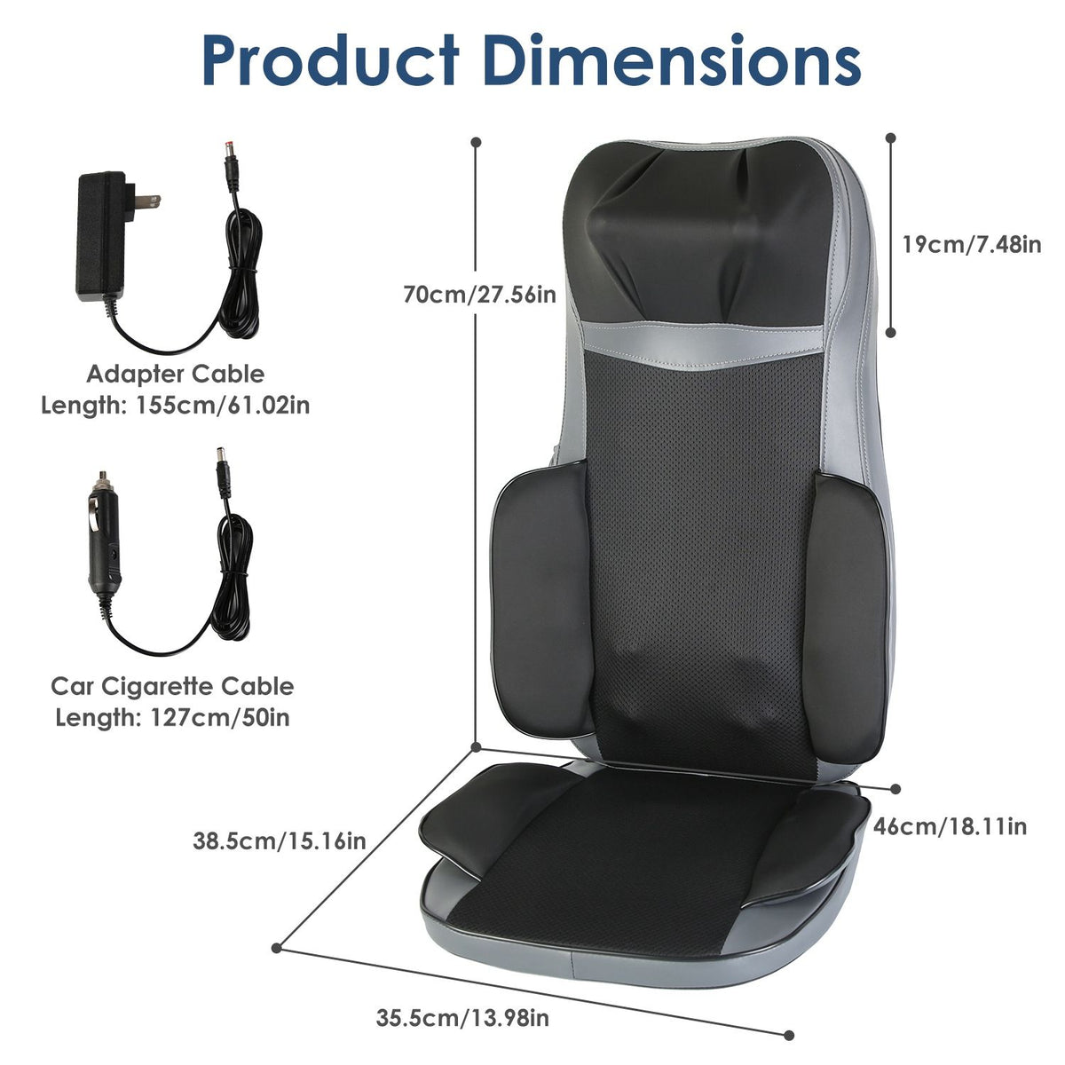 Size diagram of the massage cushion with its adapter and car cable lengths