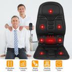 Two men standing behind the black massage seat cushion with its glowing massage spots