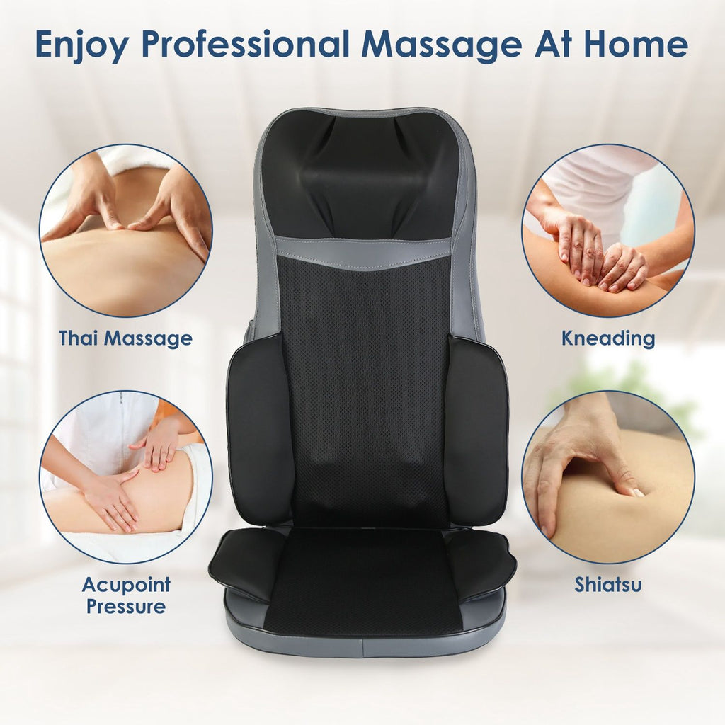Massage cushion surrounded by photos of kneading, shiatsu and pressure style massage