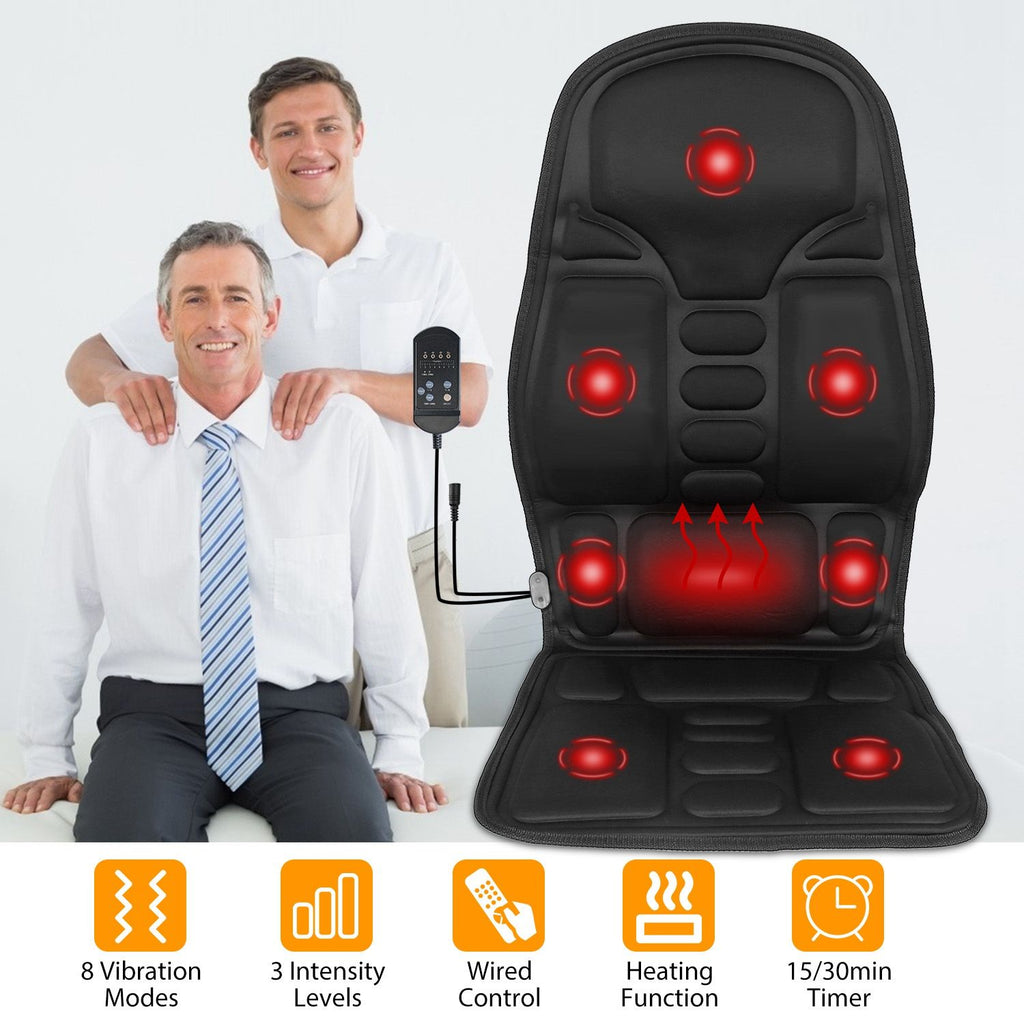 Black massage seat cushion with glowing massage spots and icons for 8 modes, 3 intensities, wired control, heat and a 15 or 30 minute timer