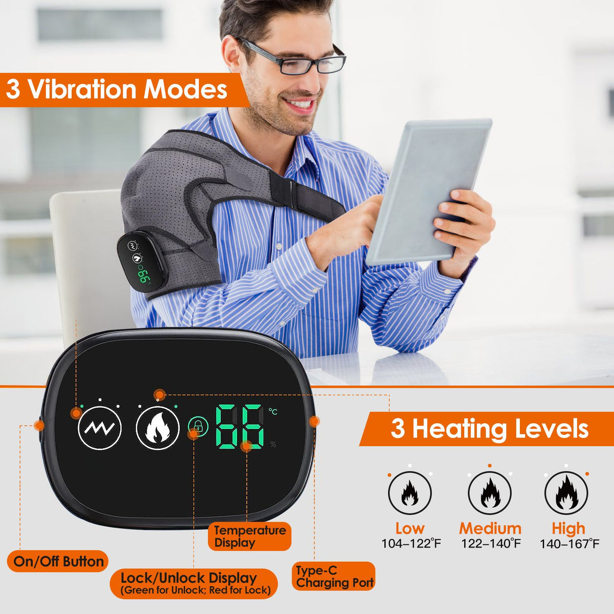 Man reading a tablet while wearing the wrap, with a close-up of the touch display for 3 vibration modes and 3 heat levels