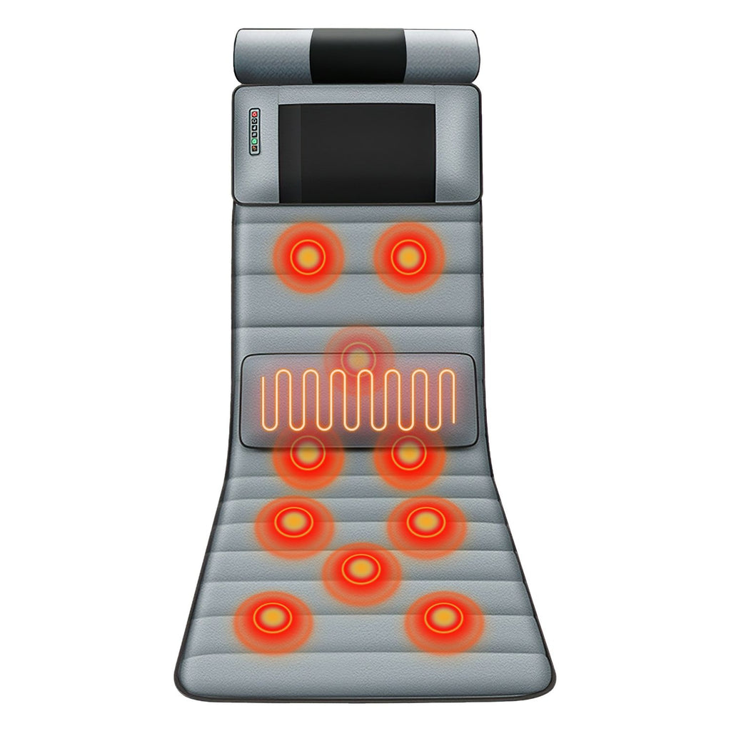Gray massage mat with its vibration spots glowing orange and the lumbar heat area highlighted