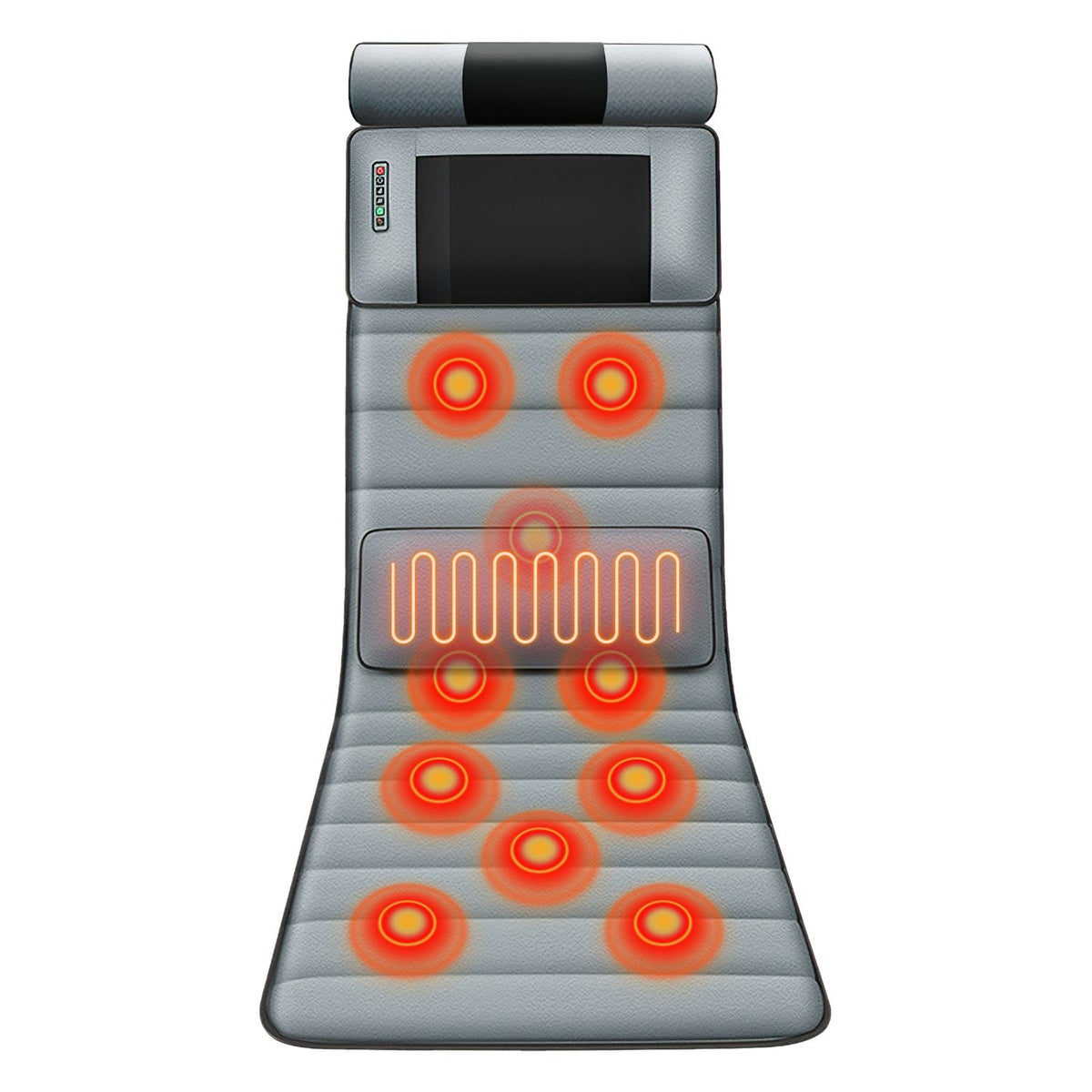 Gray massage mat with its vibration spots glowing orange and the lumbar heat area highlighted